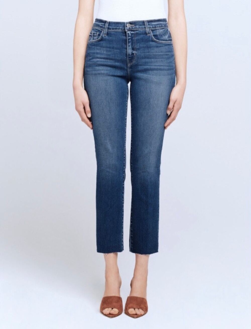 L’Agence Sada Straight Leg High Rise Raw Hem Medium Wash Jeans Size 25